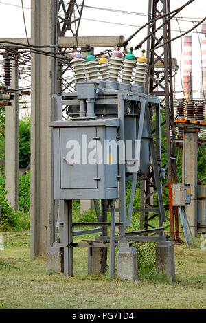 part of high-voltage substation with switches and disconnectors Stock Photo