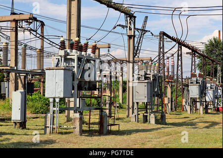 part of high-voltage substation with switches and disconnectors Stock Photo