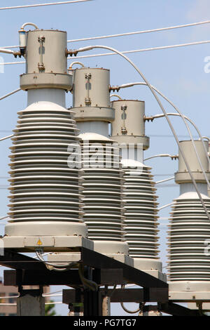part of high-voltage substation with switches and disconnectors and voltage transformer Stock Photo
