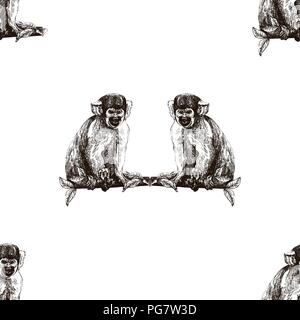 Seamless pattern of hand drawn sketch style squirrel monkeys isolated on white background. Vector illustration. Stock Vector