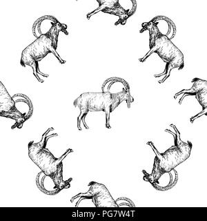 Seamless pattern of hand drawn sketch style mountain goats isolated on white background. Vector illustration. Stock Vector