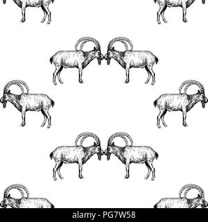 Seamless pattern of hand drawn sketch style mountain goats isolated on white background. Vector illustration. Stock Vector