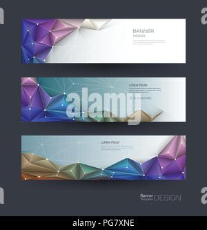 Vector polygon banner set. Polygonal or low poly pattern background. Illustration abstract layout, label design. Futuristic digital technology concept Stock Vector