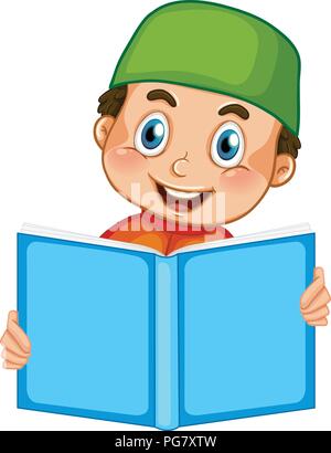A muslim boy reading on white background illustration Stock Vector