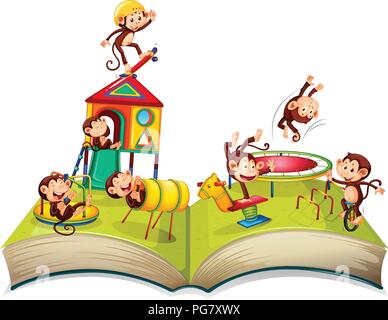 Monkey at playground open book illustration Stock Vector
