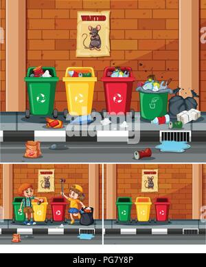 Volunteer kids collecting trash at street illustration Stock Vector