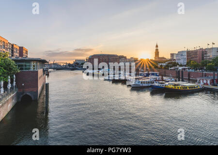 Germany, Hamburg, inland harbour with St. Michaelis Church in background Stock Photo