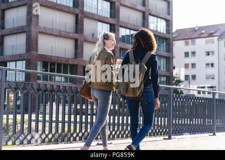 Friends walking on bridge, talking, having fun, rear view Stock Photo