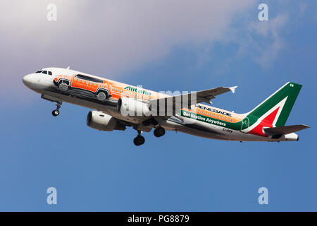 Barcelona, Spain - August 15, 2018: Alitalia Airbus A320 with Jeep Renegade promotional livery taking off from El Prat Airport in Barcelona, Spain. Stock Photo