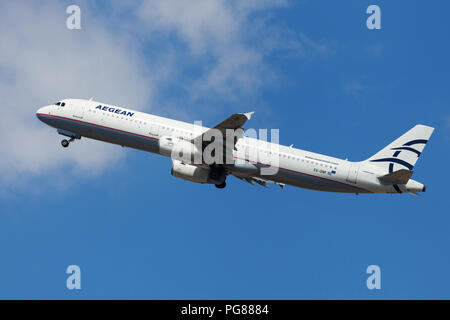 Barcelona, Spain - August 15, 2018: Aegean Airlines Airbus A321 taking off from El Prat Airport in Barcelona, Spain. Stock Photo