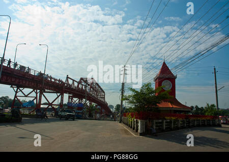 Ali Amzad's Clock House and the Kean Bridge over the Surma River in Sylhet. Sylhet, Bangladesh. Stock Photo