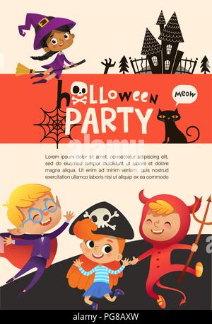 Flyer or poster template with cute happy little boys and girls dressed in halloween costumes and place for text. Colorful holiday vector illustration  Stock Vector