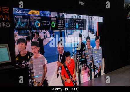 Face monitoring and surveillance technology exhibit at a Smart City Expo in China. Stock Photo