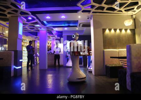 Kathmandu, Nepal. 24th Aug, 2018. Robot Ginger delivers food for customers at Naulo Restaurant, an automated restaurant in Kathmandu, Nepal, Aug. 24, 2018. Credit: Sunil Sharma/Xinhua/Alamy Live News Stock Photo