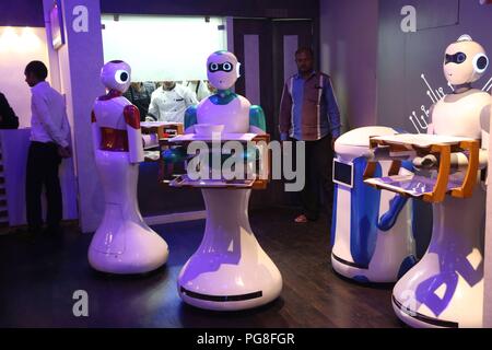 Kathmandu, Nepal. 24th Aug, 2018. Robots serve food to customers at Naulo Restaurant, an automated restaurant in Kathmandu, Nepal, Aug. 24, 2018. Credit: Sunil Sharma/Xinhua/Alamy Live News Stock Photo