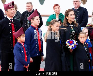Faroe Islands. 24th Aug, 2018. Crown Prince Frederik, Crown Princess Mary, Prince Christian, Princess Isabella, Prince Vincent and Princess Josehpine of Denmark arrive with the The Royal Ship, HDMY Dannebrog at the harbour of Klaksvík, on August 24, 2018, on the 2nd of the 4 days visit to the Faroe Islands Photo : Albert Nieboer/ Netherlands OUT/Point de Vue OUT | Credit: dpa picture alliance/Alamy Live News Stock Photo