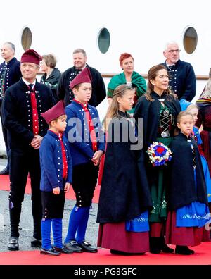 Faroe Islands. 24th Aug, 2018. Crown Prince Frederik, Crown Princess Mary, Prince Christian, Princess Isabella, Prince Vincent and Princess Josehpine of Denmark arrive with the The Royal Ship, HDMY Dannebrog at the harbour of Klaksvík, on August 24, 2018, on the 2nd of the 4 days visit to the Faroe Islands Photo : Albert Nieboer/ Netherlands OUT/Point de Vue OUT | Credit: dpa picture alliance/Alamy Live News Stock Photo