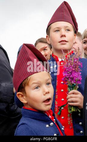 Faroe Islands. 24th Aug, 2018. Prince Christian and Prince Vincent of Denmark walk from the harbour to the centre of Klaksv?k, on August 24, 2018, on the 2nd of the 4 days visit to the Faroe Islands Photo : Albert Nieboer/ Netherlands OUT/Point de Vue OUT | Credit: dpa picture alliance/Alamy Live News Stock Photo