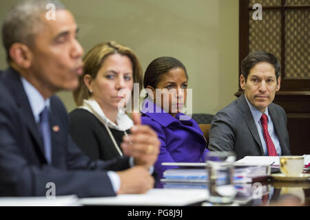 November 18, 2014 - Washington, District of Columbia, U.S. - In this file photo from November 18, 2014, United States President Barack Obama speaks to the media, with Lisa Monaco, Homeland Security Advisor to President Obama, Susan Rice, National Security Advisor, and Tom Frieden, Director of the Centers for Disease Control and Prevention (CDC), looking on, during a meeting with his national security and public health teams concerning the government's Ebola response, in the Roosevelt Room of the White House in Washington, DC. President Obama called on Congress to approve $6.2 billion in emerge Stock Photo
