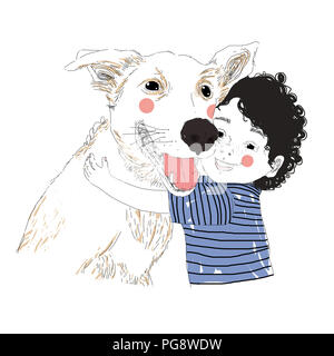 Illustration of a cute little boy hugging his friend big dog. True friendship concert. Carrying of pets concept. Can be used for t-shirt print, kids w Stock Photo