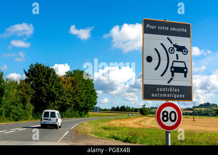 Sign of speed limit  reduced to 80 km/hour and radar speed check, France Stock Photo