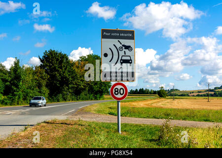 Sign of speed limit  reduced to 80 km/hour and radar speed check, France Stock Photo