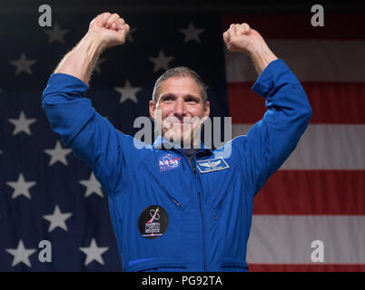 NASA astronaut Mike Hopkins is seen during a NASA event where it was announced that he, and NASA astronaut Victor Glover are assigned to the first mission to the International Space Station onboard SpaceX’s Crew Dragon, Friday, Aug. 3, 2018 at NASA’s Johnson Space Center in Houston, Texas. Astronauts assigned to crew the first flight tests and missions of the Boeing CST-100 Starliner and SpaceX Crew Dragon were announced during the event. Stock Photo