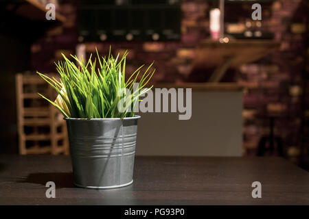 Small artificial green plants in zinc metal flower vase decoration in the restaurant or in the living room with lighting at night Stock Photo
