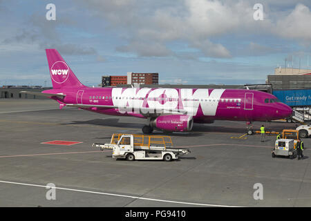 An Airbus A320, registration TF-BRO, belonging to the Icelandic Airline, WOW air, at Keflavik Reykjavik Airport in Iceland. Stock Photo