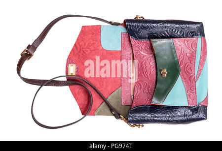 open patchwork embossed leather handbag isolated on white background Stock Photo