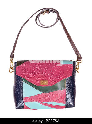 patchwork embossed leather handbag isolated on white background Stock Photo