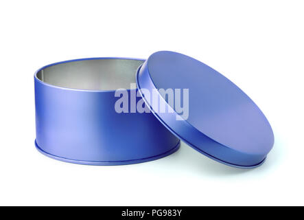 Open blue round metal box isolated on white Stock Photo