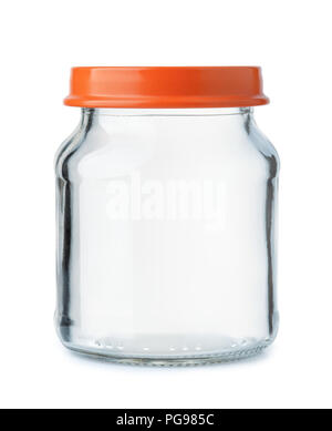 Front view of small empty glass jar with lid isolated on white Stock Photo