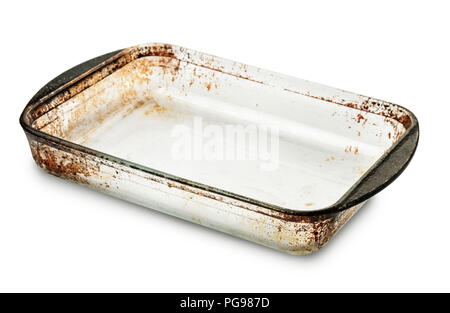 Old empty glass  baking tray isolated on white Stock Photo