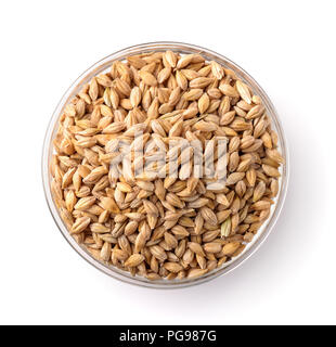 Top view of barley seeds in glass bowl isolated on white Stock Photo