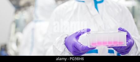 Close-up of a lab technician carrying a cell-based testing kit in a laboratory that engineers human tissues for implant. Such implants include bone and skin grafts. Stock Photo