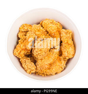 top view of crispy batter deep-fried chicken wings in paper bucket isolated on white background Stock Photo