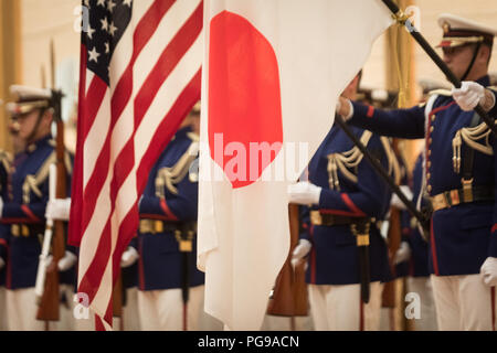 Vice President Mike Pence participates in an official arrival ceremony at the Kantei, Wednesday, February 7, 2018, in Tokyo, Japan. Vice President Pence's Trip to Asia Stock Photo