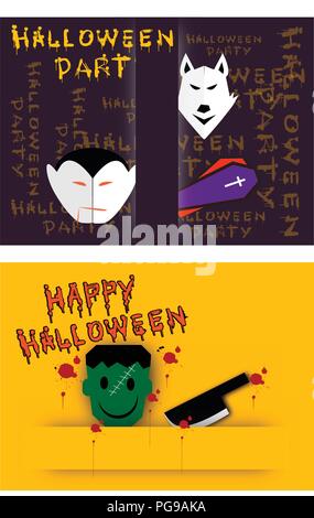 Illustration Set of Happy Jack-o-Lantern Pumpkins and Evils on Spooky Background For Halloween Celebration Party. Stock Vector