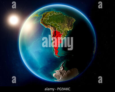 Sunset above Argentina highlighted in red on planet Earth with visible country borders. 3D illustration. Elements of this image furnished by NASA. Stock Photo