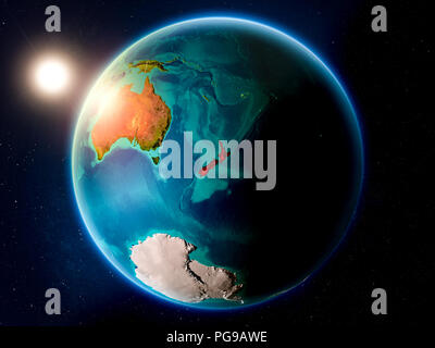 Sunset above New Zealand highlighted in red on planet Earth with visible country borders. 3D illustration. Elements of this image furnished by NASA. Stock Photo