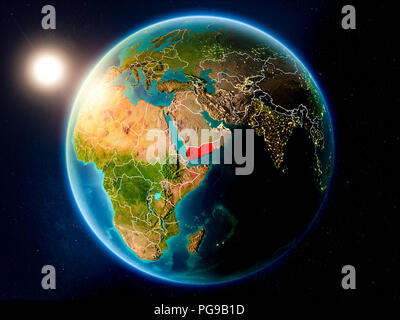 Sunset above Yemen highlighted in red on planet Earth with visible country borders. 3D illustration. Elements of this image furnished by NASA. Stock Photo