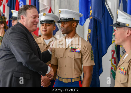 U.S. Secretary of State Michael R. Pompeo greets the U.S. Marine Security Detachment at the U.S. Embassy Mexico City in Mexico on July 13, 2018. Stock Photo