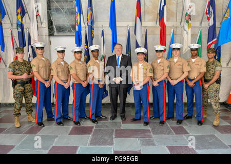 U.S. Secretary of State Michael R. Pompeo poses for a photo with the U.S. Marine Security Detachment at the U.S. Embassy Mexico City in Mexico on July 13,2018. Stock Photo