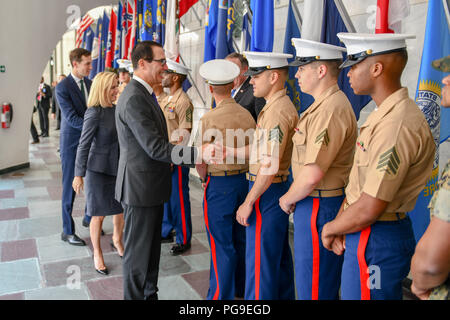 U.S. Secretary of State Michael R. Pompeo, U.S. Secretary of the Treasury Steven Mnuchin, U.S. Secretary of Homeland Security Kirstjen Nielsen and Senior Advisor to the President Jared Kushner greet the U.S. Marine Security Detachment at the U.S. Embassy Mexico City in Mexico on July 13,2018. Stock Photo