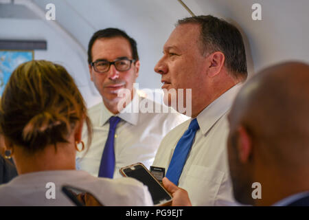 U.S. Secretary of State Michael R. Pompeo, U.S. Secretary of the Treasury Steven Mnuchin, U.S. Secretary of Homeland Security Kirstjen Nielsen, and Senior Advisor to the President Jared Kushner speak to reporters following their travel to Mexico City, Mexico, July 13, 2018. Stock Photo