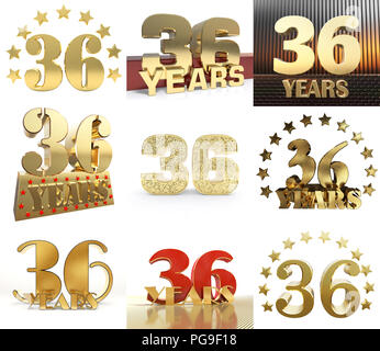 Set of number thirty six year (36 year) celebration design. Anniversary golden number template elements for your birthday party. 3D illustration. Stock Photo