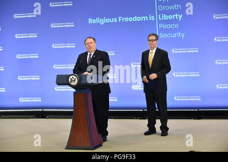 U.S. Secretary of State Michael R. Pompeo delivers closing remarks with Ambassador Brownback at the Ministerial to Advance Religious Freedom on July 26, 2018 at the U.S. Department of State, in Washington, D.C Stock Photo