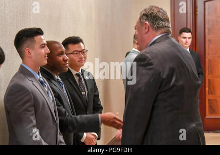Secretary of State Michael R. Pompeo with the Marine Security Guard Detachment of U.S. Embassy Indonesia, in Jakarta, Indonesia, August 4, 2018 Stock Photo