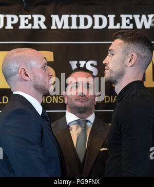 WBA Super World Champion George Groves (left) and Callum Smith (right) attend a World Boxing Super Series press conference at the Landmark Hotel in London today with promoter Kalle Sauerland (centre) ahead of their Muhammad Ali Trophy Super Middleweight Final on September 28 at the King Abdullah Sports City in Jeddah, Saudi Arabia. PRESS ASSOCIATION Photo. Picture date: Friday August 24, 2018. See PA story BOXING London. Photo credit should read: Stefan Rousseau/PA Wire Stock Photo